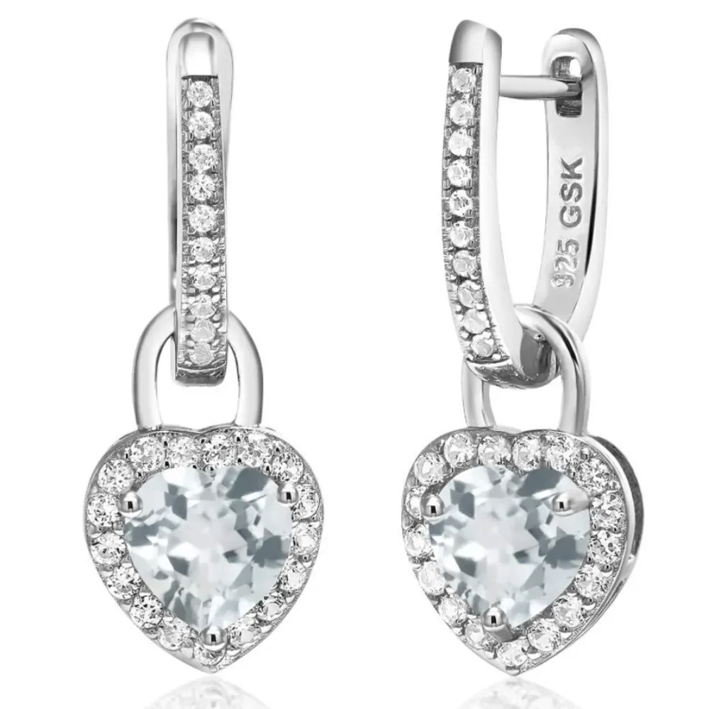 925 Sterling Silver 1.84 Cttw Light Aquamarine and White Sapphire Heart Earrings